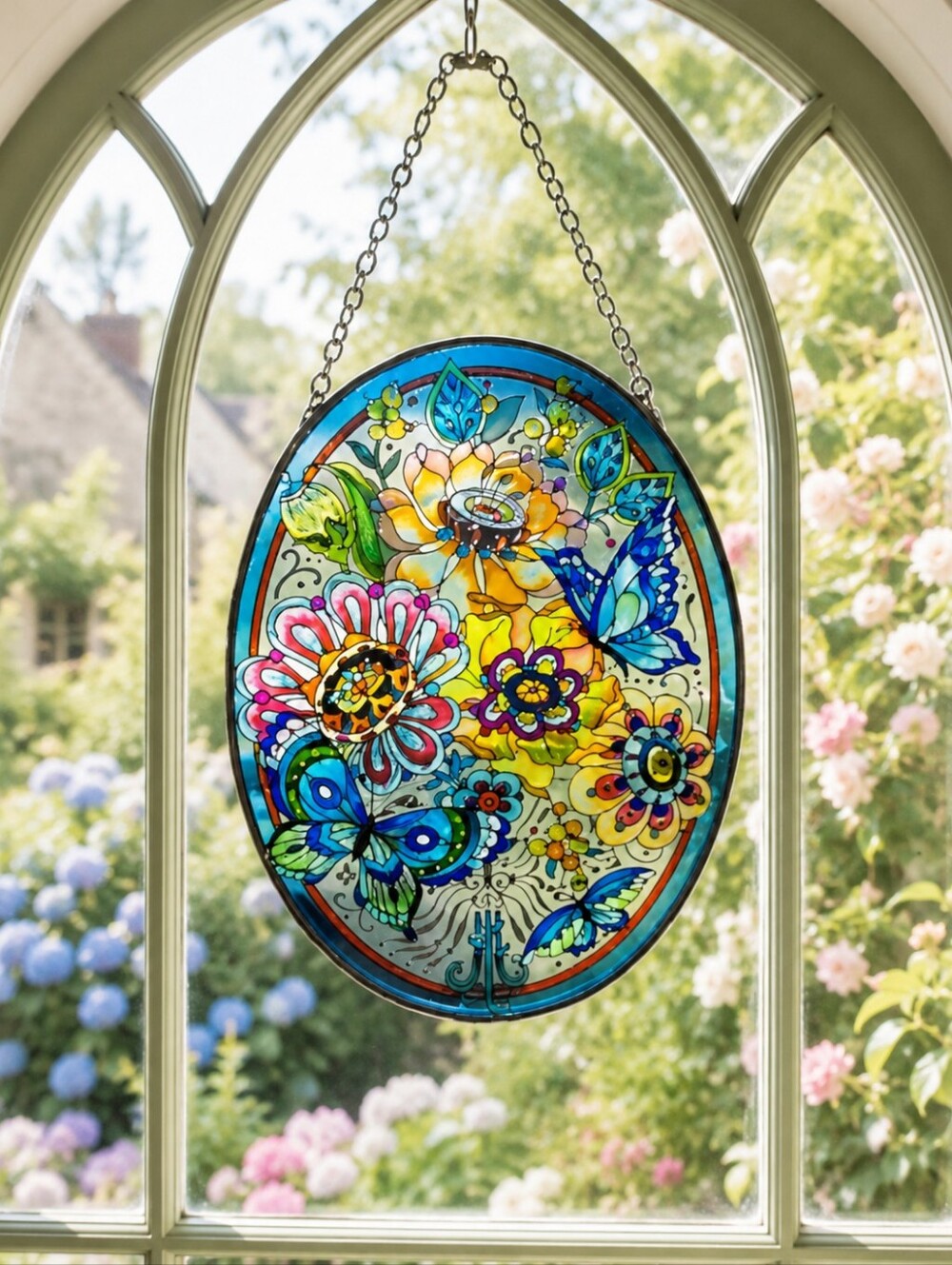 AMIA Studio Butterfly Floral Glass Suncatcher Window Panel Hand Painted 7"